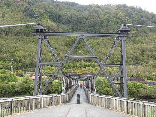 Randall crosses the Brunner Mine bridge over the Grey River, Nov 2015